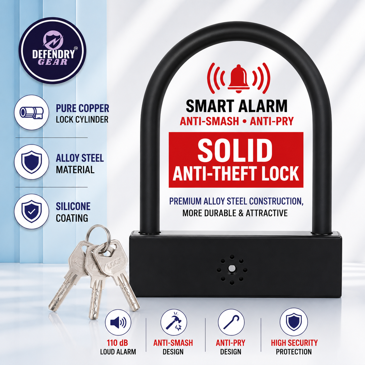 Smart Alarm U-shaped Lock | 110dB Anti-Theft Lock for Bikes, Motorcycles, Scooters & E-Bikes | Heavy Duty Alloy Steel | Includes 3 Keys