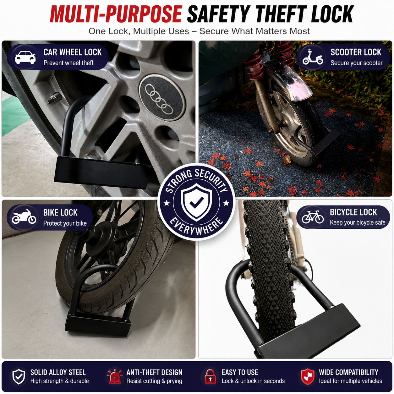 Smart Alarm U-shaped Lock | 110dB Anti-Theft Lock for Bikes, Motorcycles, Scooters & E-Bikes | Heavy Duty Alloy Steel | Includes 3 Keys