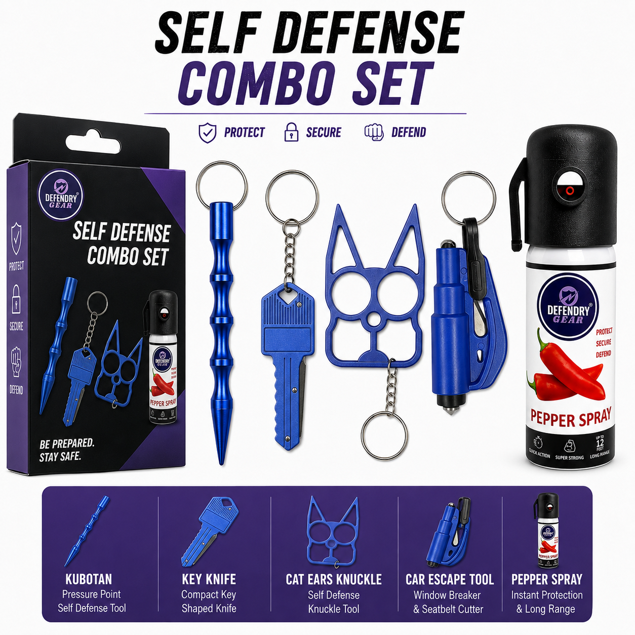 Defendry Gear 5-in-1 Self Defense Combo Kit | Pepper Spray + Kubotan + Key Knife + Cat Ears Keychain + Car Emergancy glass breaker Tool | Personal Safety Set