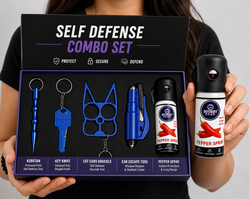 Defendry Gear 5-in-1 Self Defense Combo Kit | Pepper Spray + Kubotan + Key Knife + Cat Ears Keychain + Car Emergancy glass breaker Tool | Personal Safety Set