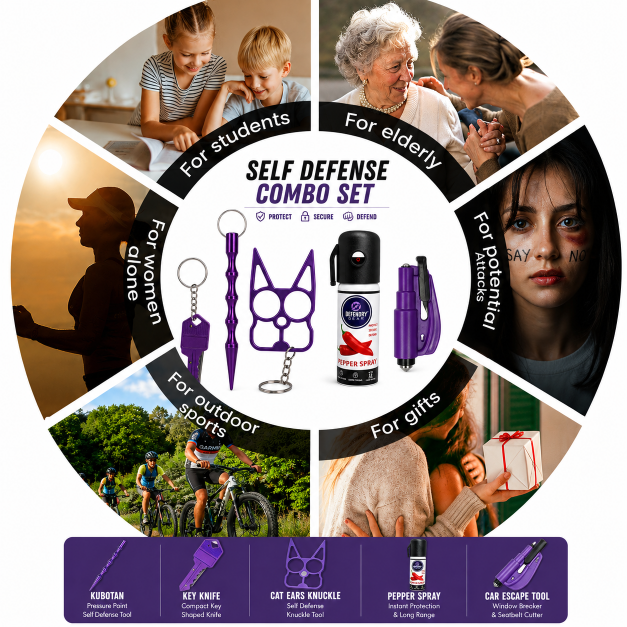 Defendry Gear 5-in-1 Self Defense Combo Kit | Pepper Spray + Kubotan + Key Knife + Cat Ears Keychain + Car Emergancy glass breaker Tool | Personal Safety Set
