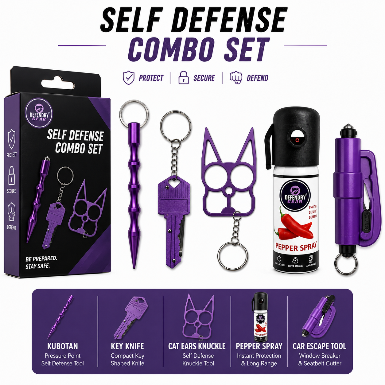 Defendry Gear 5-in-1 Self Defense Combo Kit | Pepper Spray + Kubotan + Key Knife + Cat Ears Keychain + Car Emergancy glass breaker Tool | Personal Safety Set