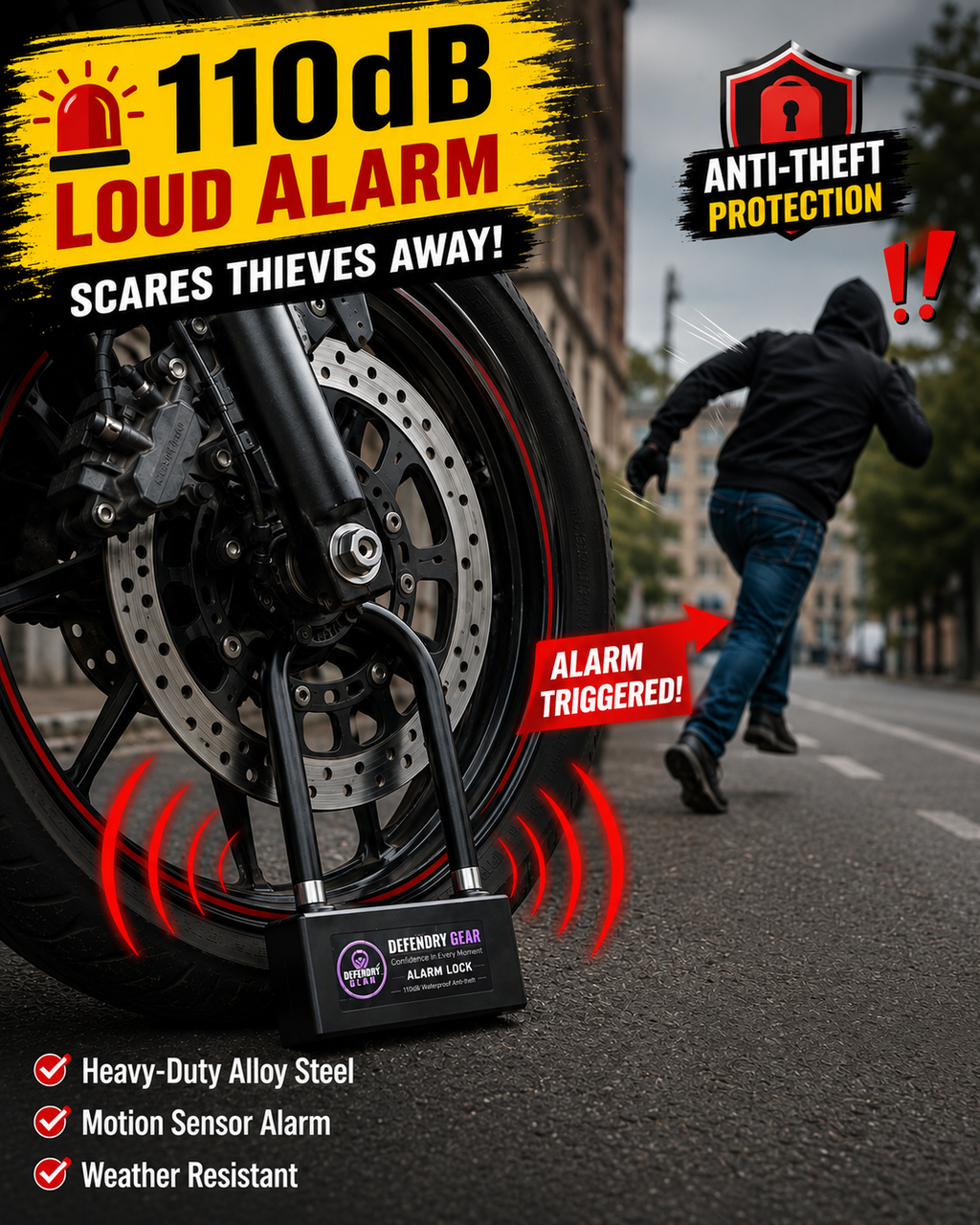 Smart Alarm U-shaped Lock | 110dB Anti-Theft Lock for Bikes, Motorcycles, Scooters & E-Bikes | Heavy Duty Alloy Steel | Includes 3 Keys