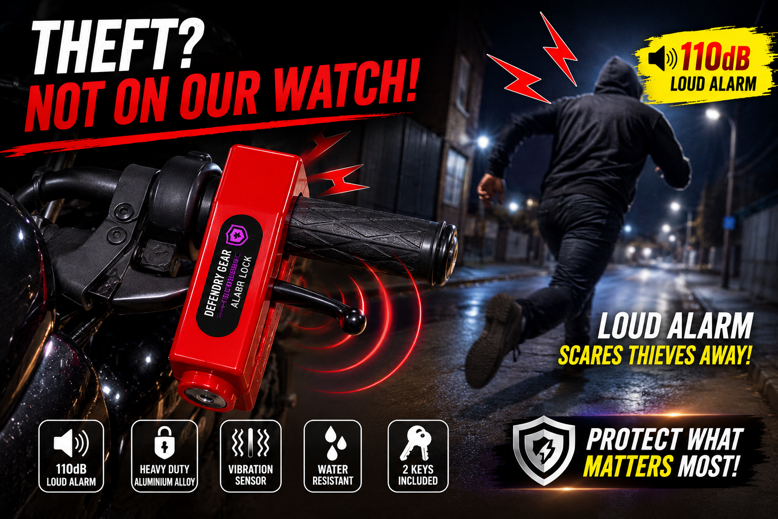 Hand Brake Alarm Lock for Bike & Scooty 110dB | Heavy Duty Aluminium Alloy | Anti-Theft Security Lock | Pre-installed Battery + 6 Free Extra Batteries & 2 Keys Included