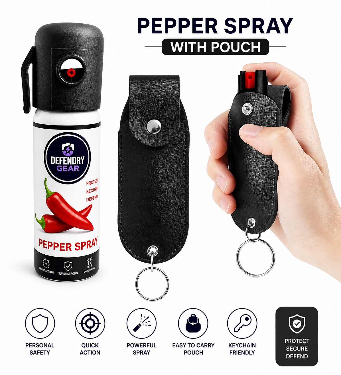 Pepper Spray with Premium Leather Keychain Pouch | Personal Safety Combo for Women & Men
