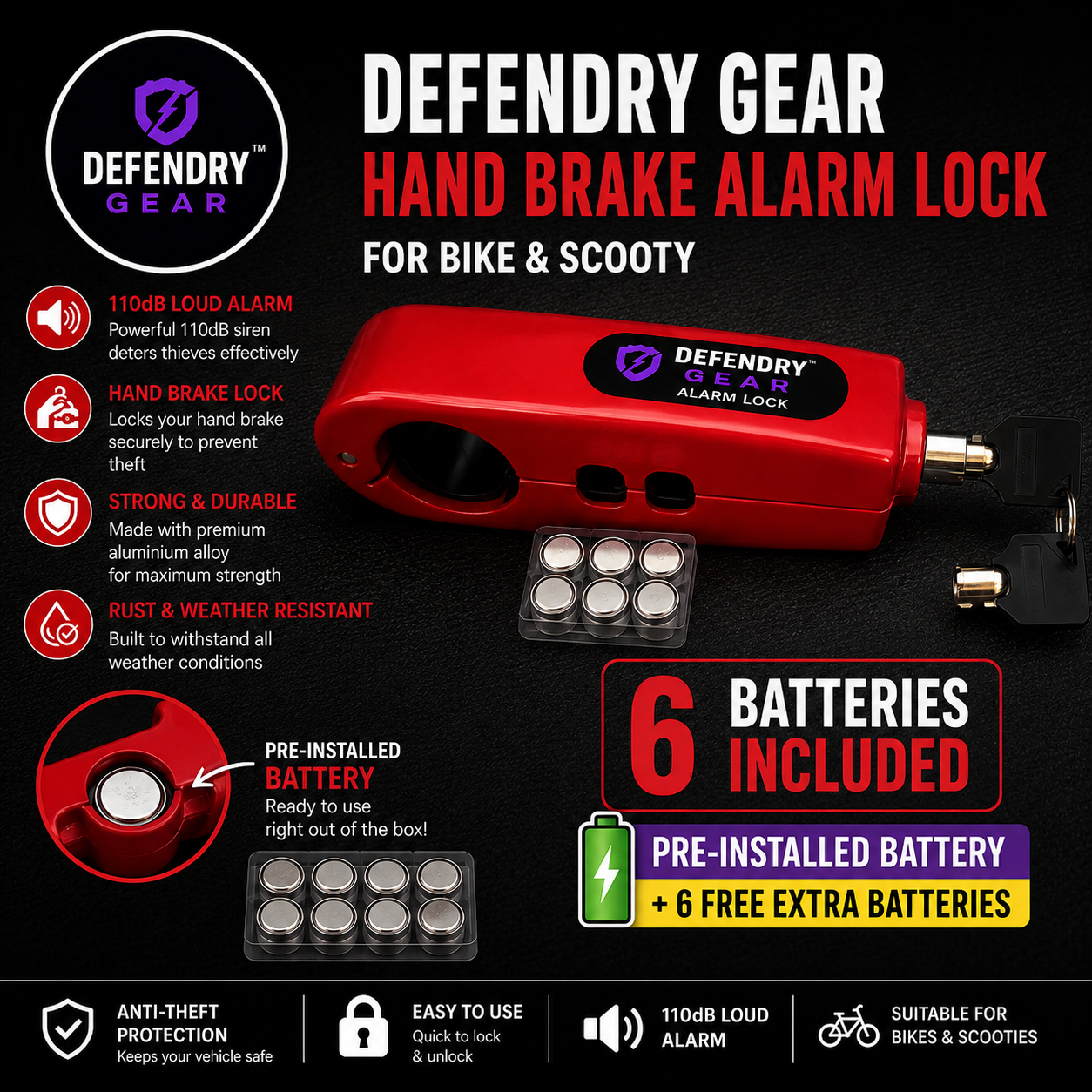 Hand Brake Alarm Lock for Bike & Scooty 110dB | Heavy Duty Aluminium Alloy | Anti-Theft Security Lock | Pre-installed Battery + 6 Free Extra Batteries & 2 Keys Included