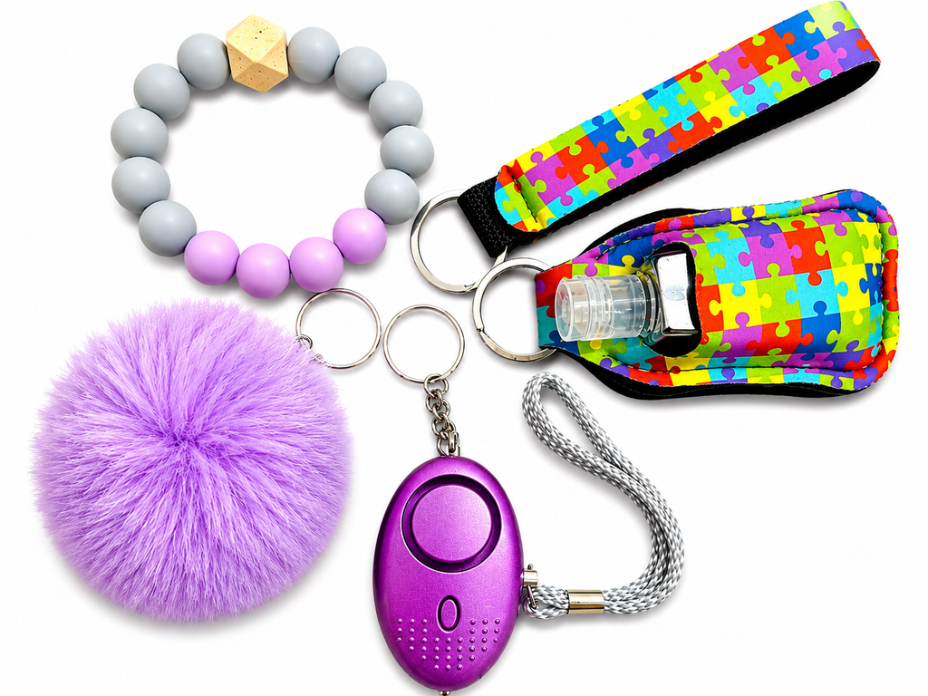 6-in-1 Safety Keychain Set for Women & Girls | Personal Alarm, Wristlet, Beaded Bracelet, Pompom, Hand Sanitizer Holder & Refillable Bottle