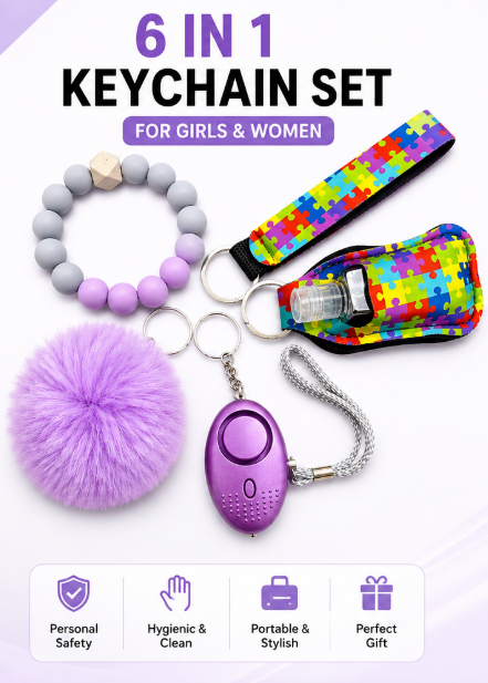 6-in-1 Safety Keychain Set for Women & Girls | Personal Alarm, Wristlet, Beaded Bracelet, Pompom, Hand Sanitizer Holder & Refillable Bottle
