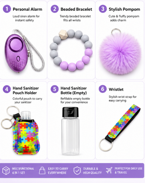 6-in-1 Safety Keychain Set for Women & Girls | Personal Alarm, Wristlet, Beaded Bracelet, Pompom, Hand Sanitizer Holder & Refillable Bottle