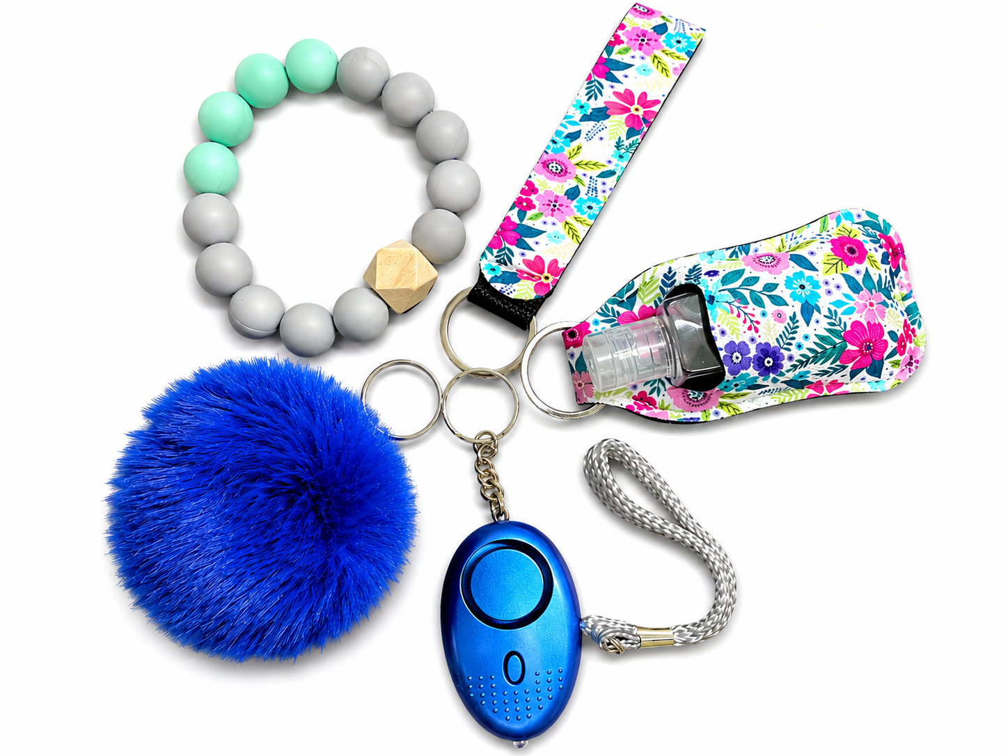 6-in-1 Safety Keychain Set for Women & Girls | Personal Alarm, Wristlet, Beaded Bracelet, Pompom, Hand Sanitizer Holder & Refillable Bottle