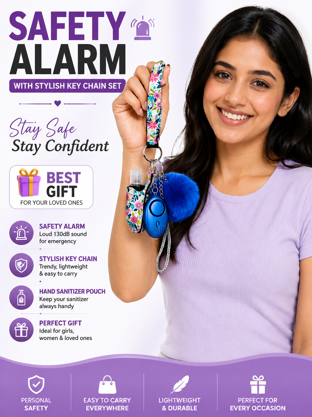 6-in-1 Safety Keychain Set for Women & Girls | Personal Alarm, Wristlet, Beaded Bracelet, Pompom, Hand Sanitizer Holder & Refillable Bottle