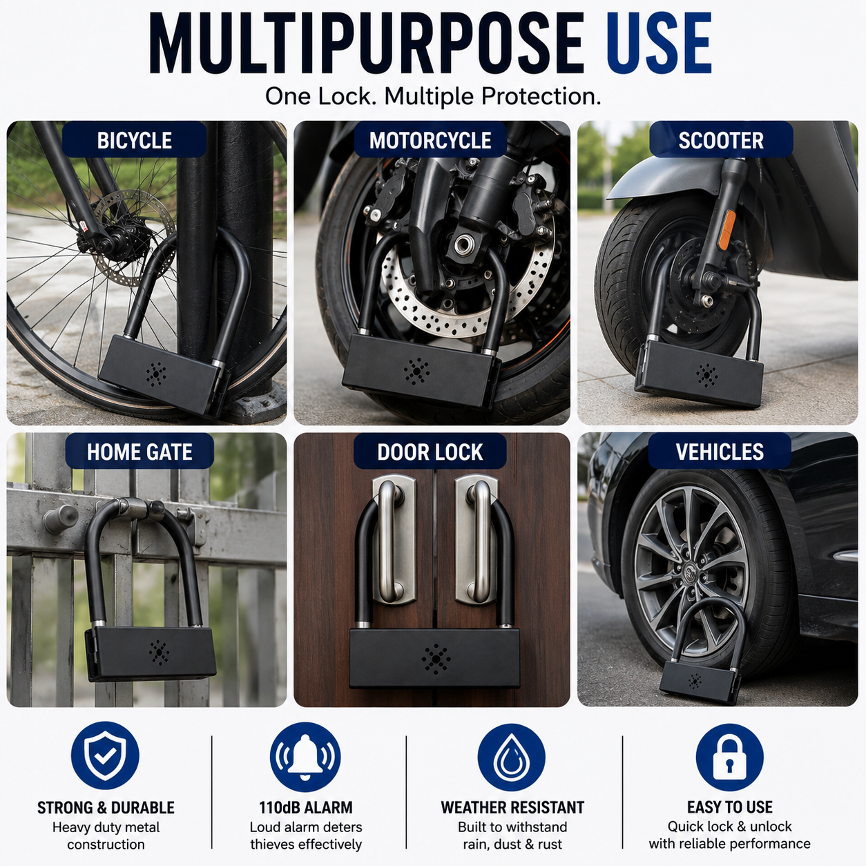 Smart Alarm U-shaped Lock | 110dB Anti-Theft Lock for Bikes, Motorcycles, Scooters & E-Bikes | Heavy Duty Alloy Steel | Includes 3 Keys
