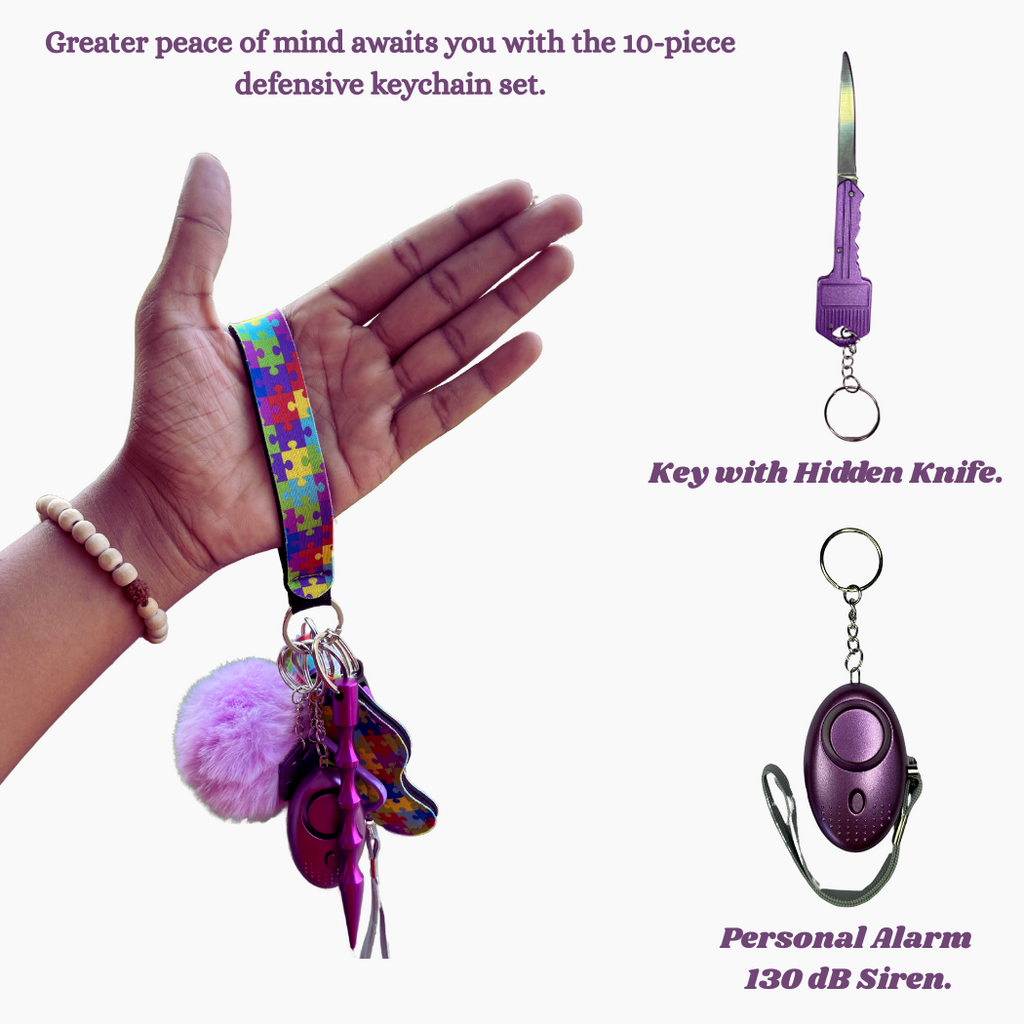 Self-Defense Keychain Set – 10-in-1 Personal Safety Kit (Purple set)